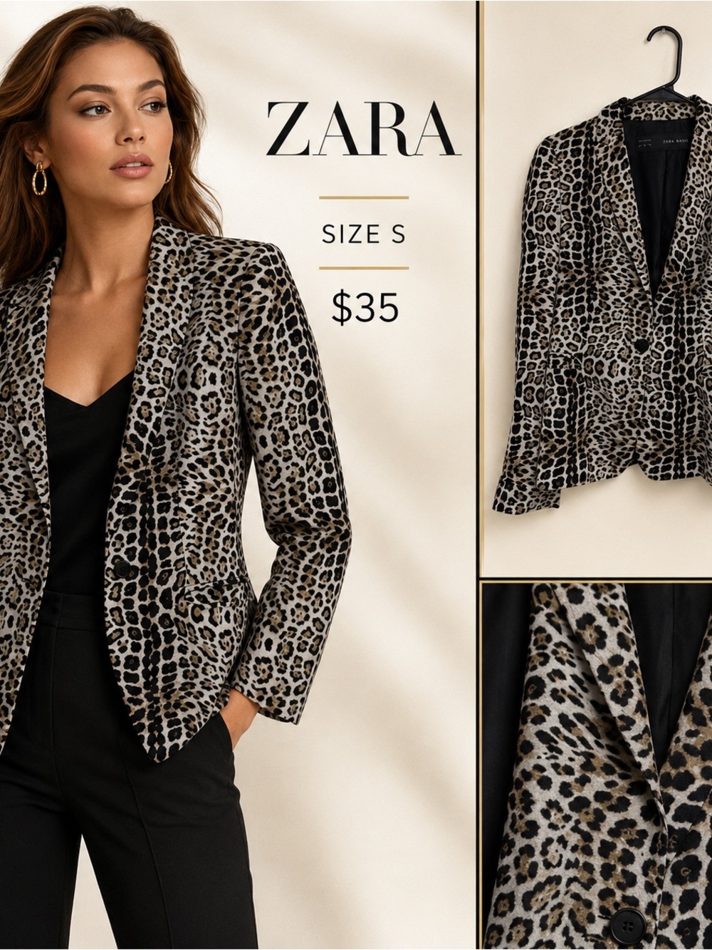 ZARA Leopard-Print Blazer in Beige and Black